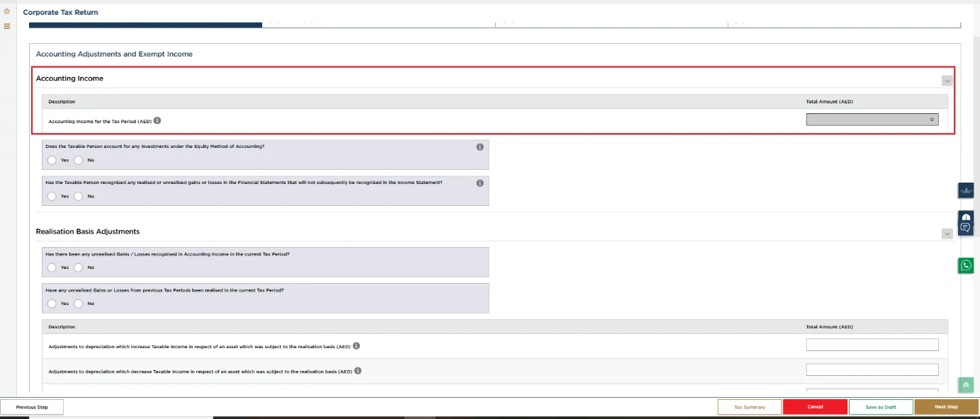 EmaraTax corporate tax return screen: accounting income (Accounting Income (Part A))