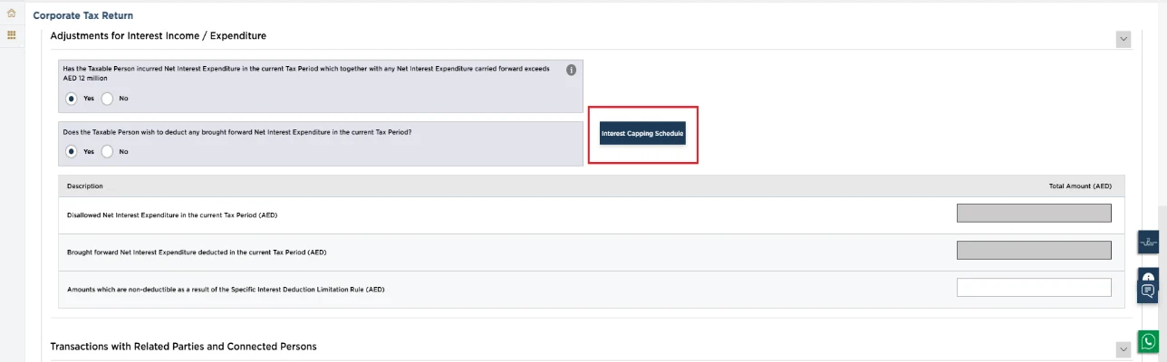 EmaraTax corporate tax return screen: adjustments for interest income expenditure (Adjustments for Interest Income / Expenditure (Part B))