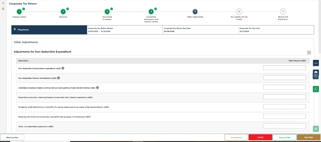 EmaraTax corporate tax return screen: adjustments for non deductible expenditure (Adjustments for Non-deductible Expenditure (Part A))