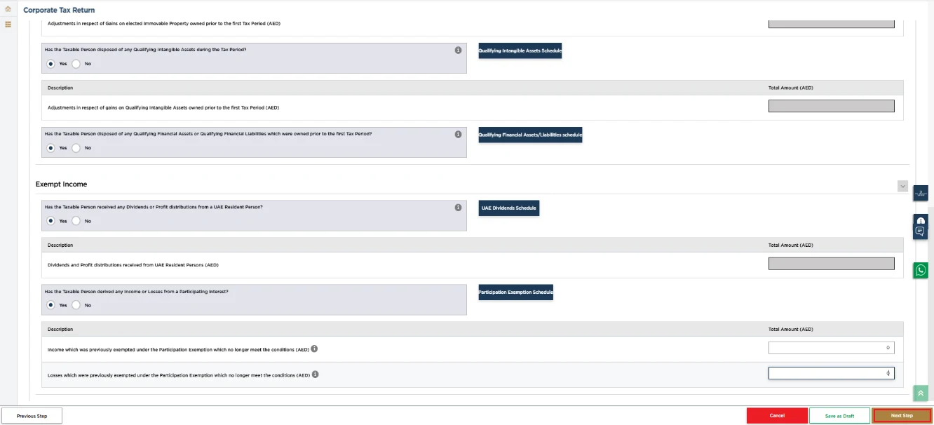 EmaraTax corporate tax return screen: exempt income schedule (Exempt Income & Participation Exemption (Part D))