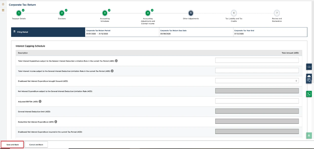 EmaraTax corporate tax return screen: interest capping schedule (Adjustments for Interest Income / Expenditure (Part B))