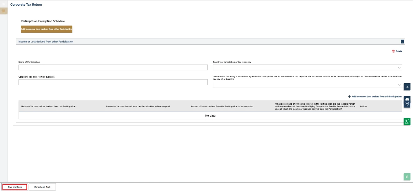 EmaraTax corporate tax return screen: participation exemption schedule (Exempt Income & Participation Exemption (Part D))