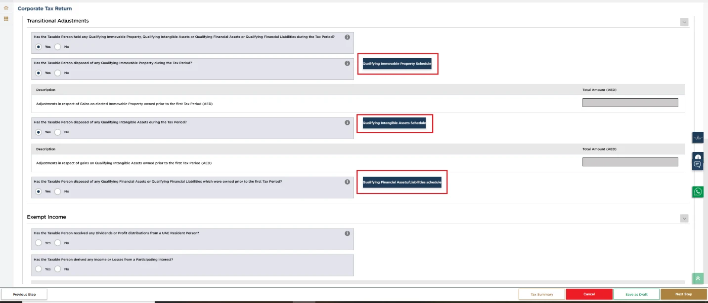 EmaraTax corporate tax return screen: qualifying immovable property intangibles and qualifying financial assets and liabilities (Transitional Adjustments and Schedule (Part C))