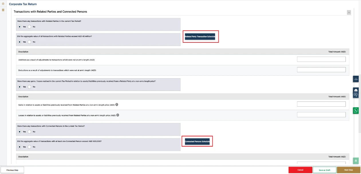 EmaraTax corporate tax return screen: related party and connected person (Related-Party and Connected-Person Transactions (Part C))