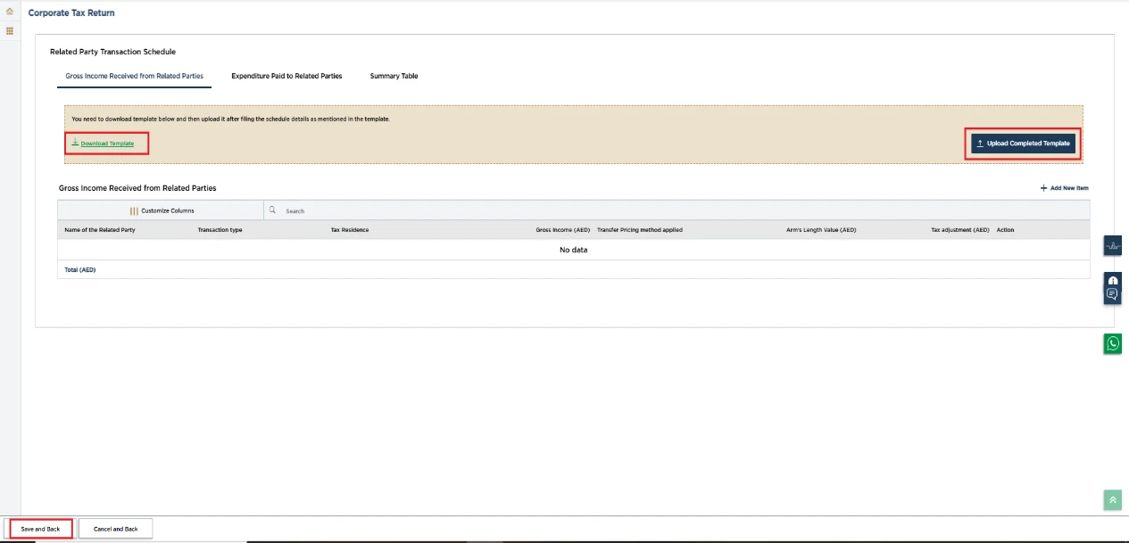 EmaraTax corporate tax return screen: related party schedule (Related-Party and Connected-Person Transactions (Part C))