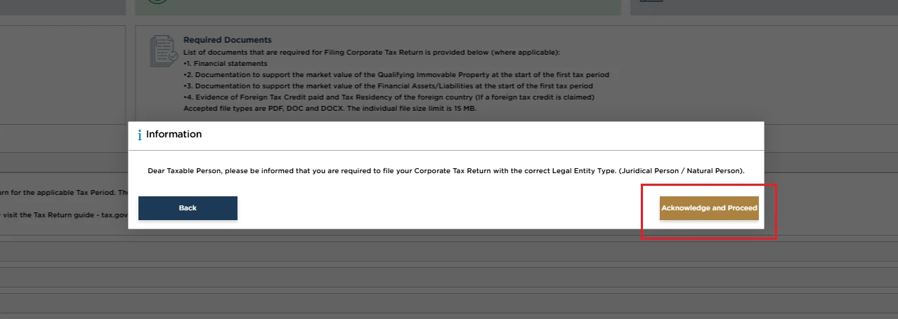 EmaraTax corporate tax return screen: select legal person for corporate tax return (Open Corporate Tax Filing Section)