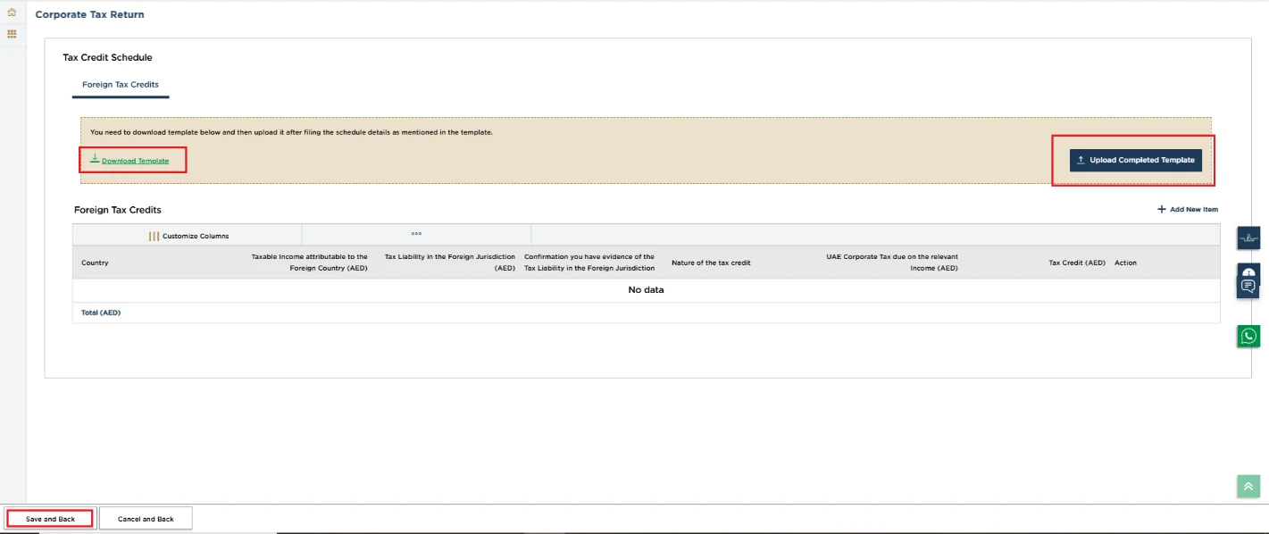 EmaraTax corporate tax return screen: tax credit schedule (continued) (Tax Credits (Part C))