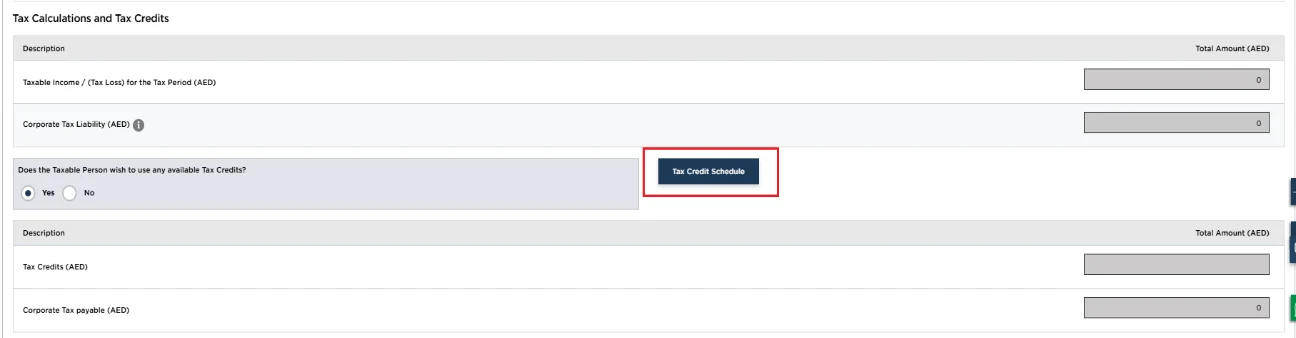 EmaraTax corporate tax return screen: tax credit schedule (Tax Credits (Part C))