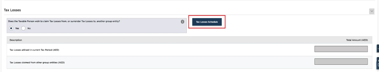 EmaraTax corporate tax return screen: tax losses schedule (continued) (Tax Losses (Part B))