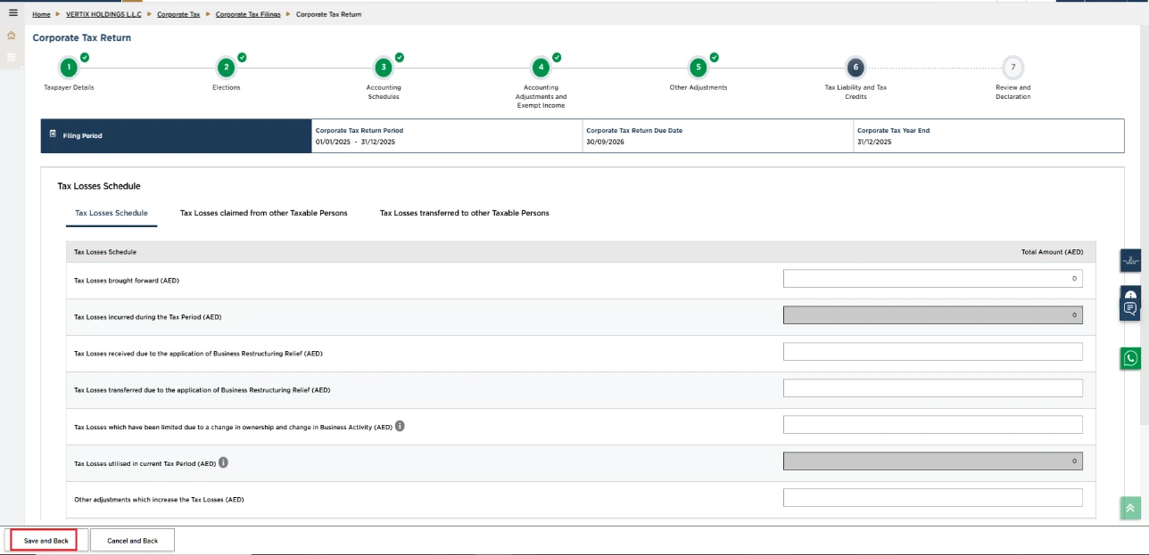 EmaraTax corporate tax return screen: tax losses schedule 2 (Tax Losses (Part B))