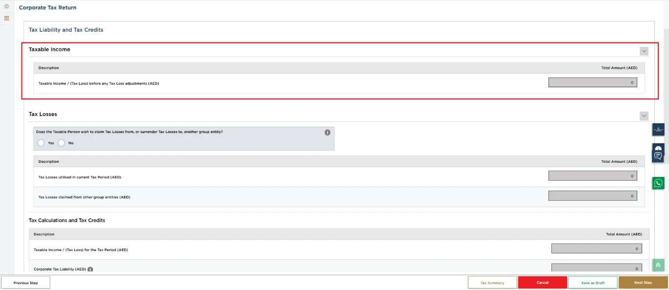 EmaraTax corporate tax return screen: taxable income (How Taxable Income Is Calculated (Part A))