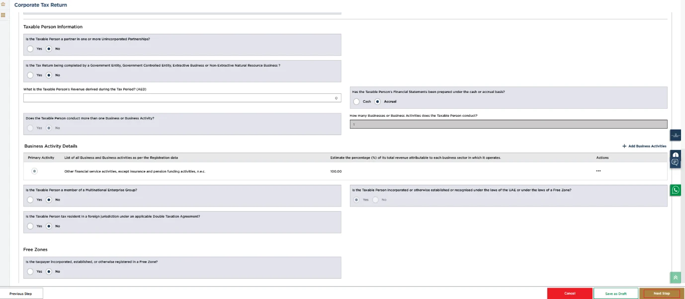 EmaraTax corporate tax return screen: taxable person information schedule (Taxable Person Information (Part B))