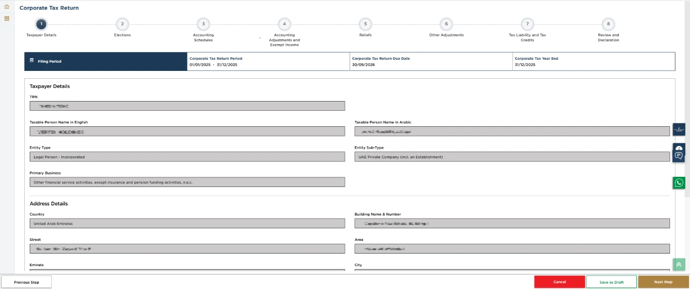EmaraTax corporate tax return screen: taxpayer details (Taxpayer Details (Part A))