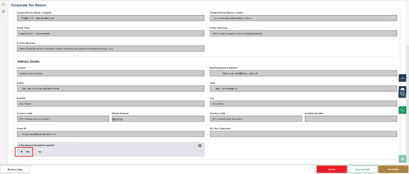 EmaraTax corporate tax return screen: taxpayer schedule (Taxpayer Details (Part A))