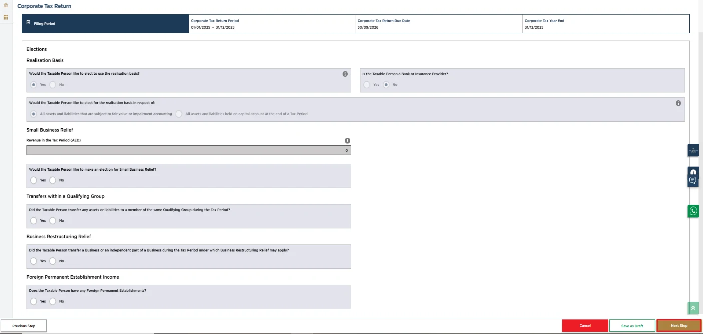 EmaraTax corporate tax return screen: corporate tax elections and relief (Elections and Relief Options)