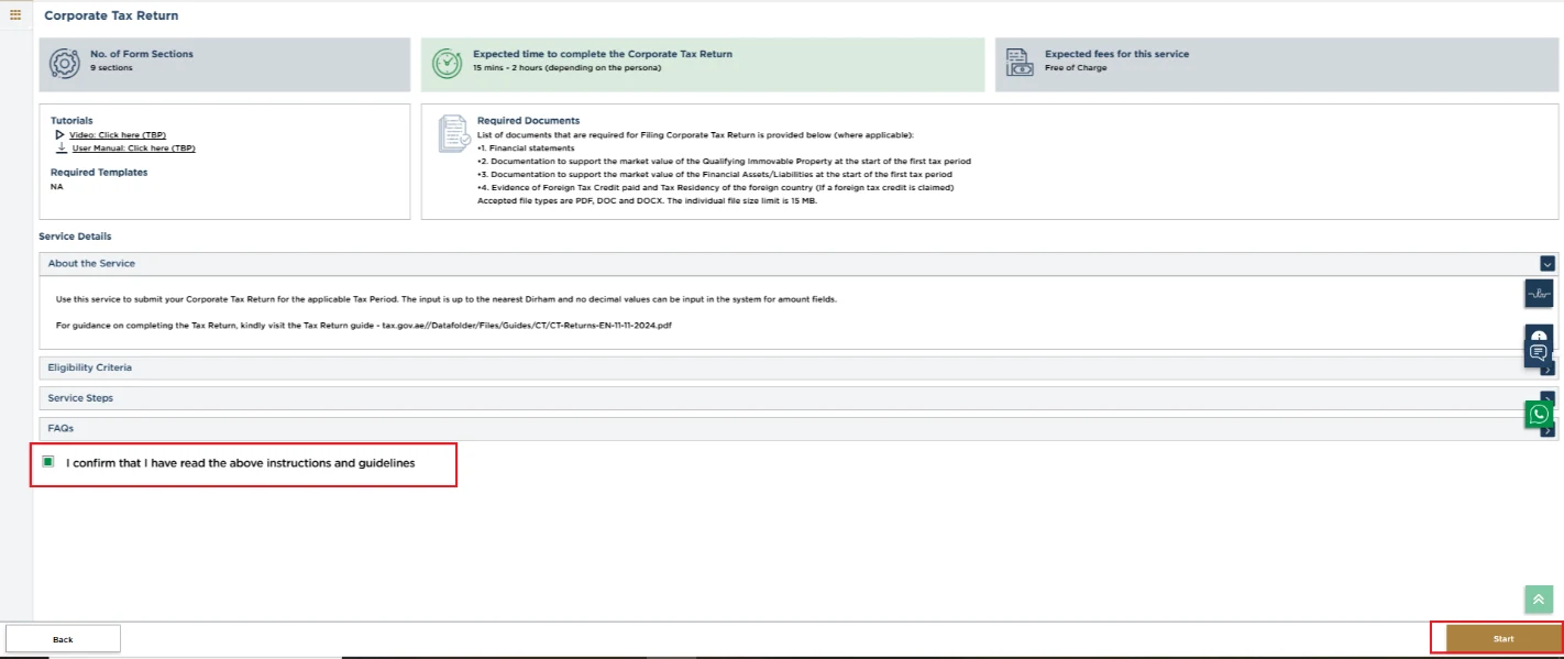 EmaraTax corporate tax return screen: corporate tax instructions and guidelines (Open Corporate Tax Filing Section)