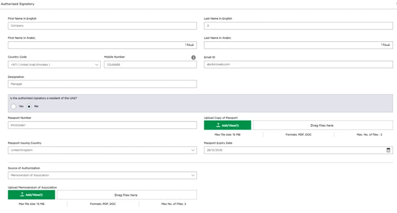 Authorized Signatory form with name, passport and source of authorization fields