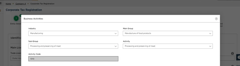 Business Activities pop-up with industry, main group, sub-group and activity code fields