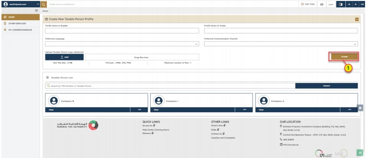 EmaraTax Create New Taxable Person Profile form with the Create button highlighted