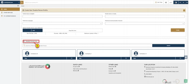EmaraTax Create New Taxable Person Profile form with the company search area highlighted