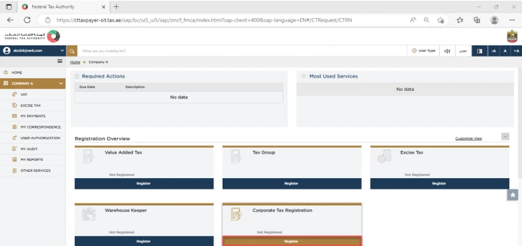 EmaraTax dashboard with the Corporate Tax Registration tile highlighted under Registration Overview