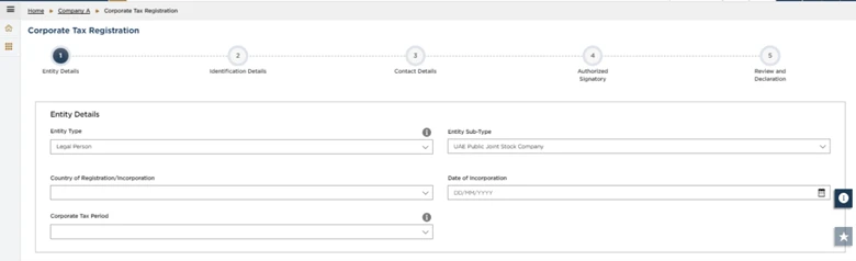 Corporate Tax Registration form showing the Entry Details step