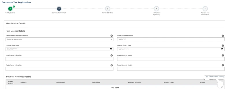 Corporate Tax Registration Identification Details step with main trade license fields
