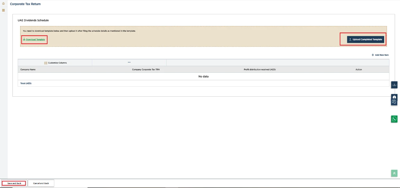 EmaraTax corporate tax return screen: dividend income schedule (Exempt Income & Participation Exemption (Part D))